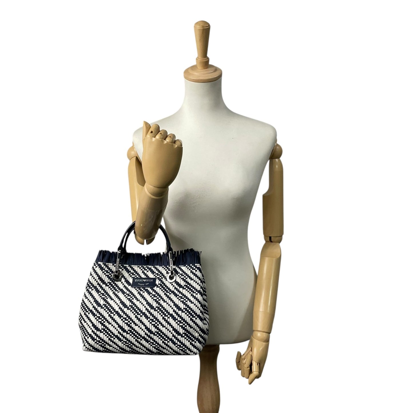 【未使用級】EMPORIO ARMANI エンポリオアルマーニ 2way ハンドバッグ ショルダーバッグ 編み込み キャンバス フリンジ ネイビー ホワイト D