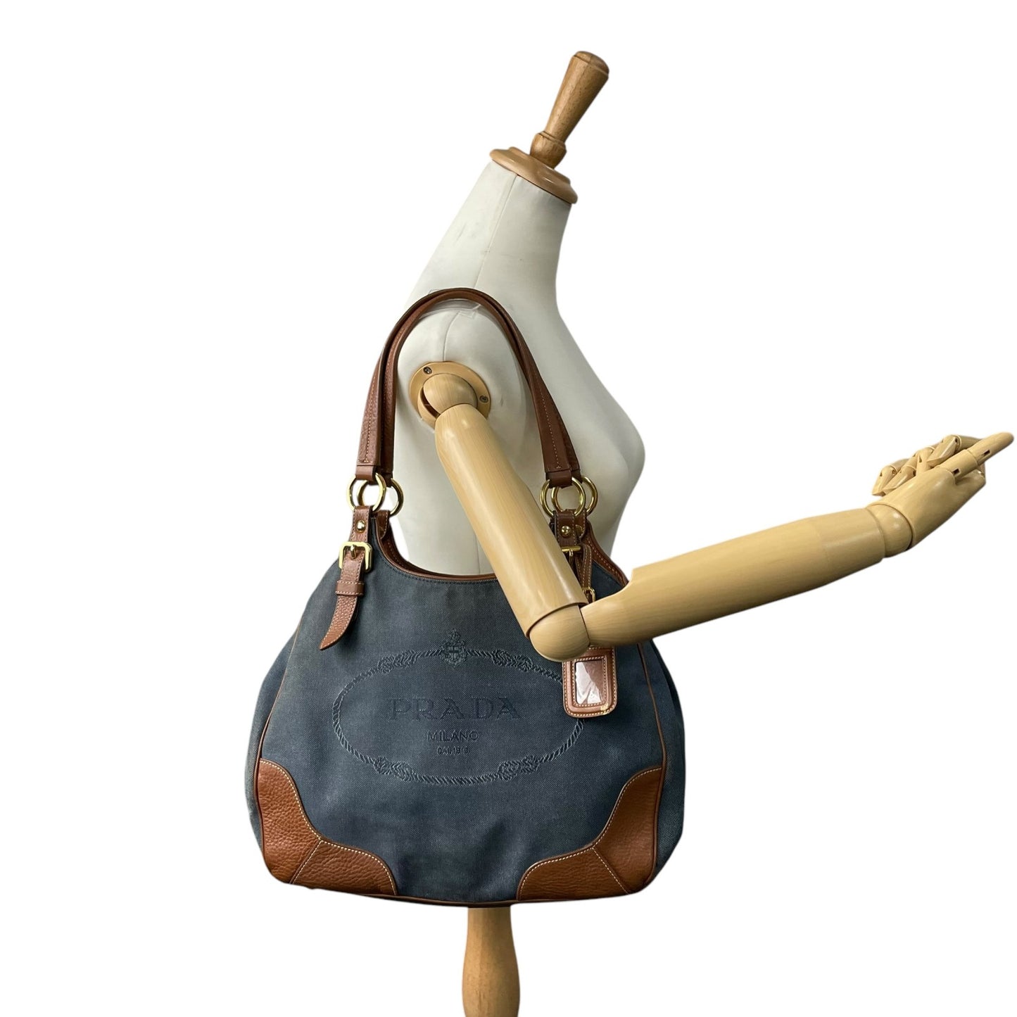 美品 PRADA プラダ ロゴ ジャガード トートバッグ ショルダー デニム レザー ブルー ブラウン ゴールド金具 D5