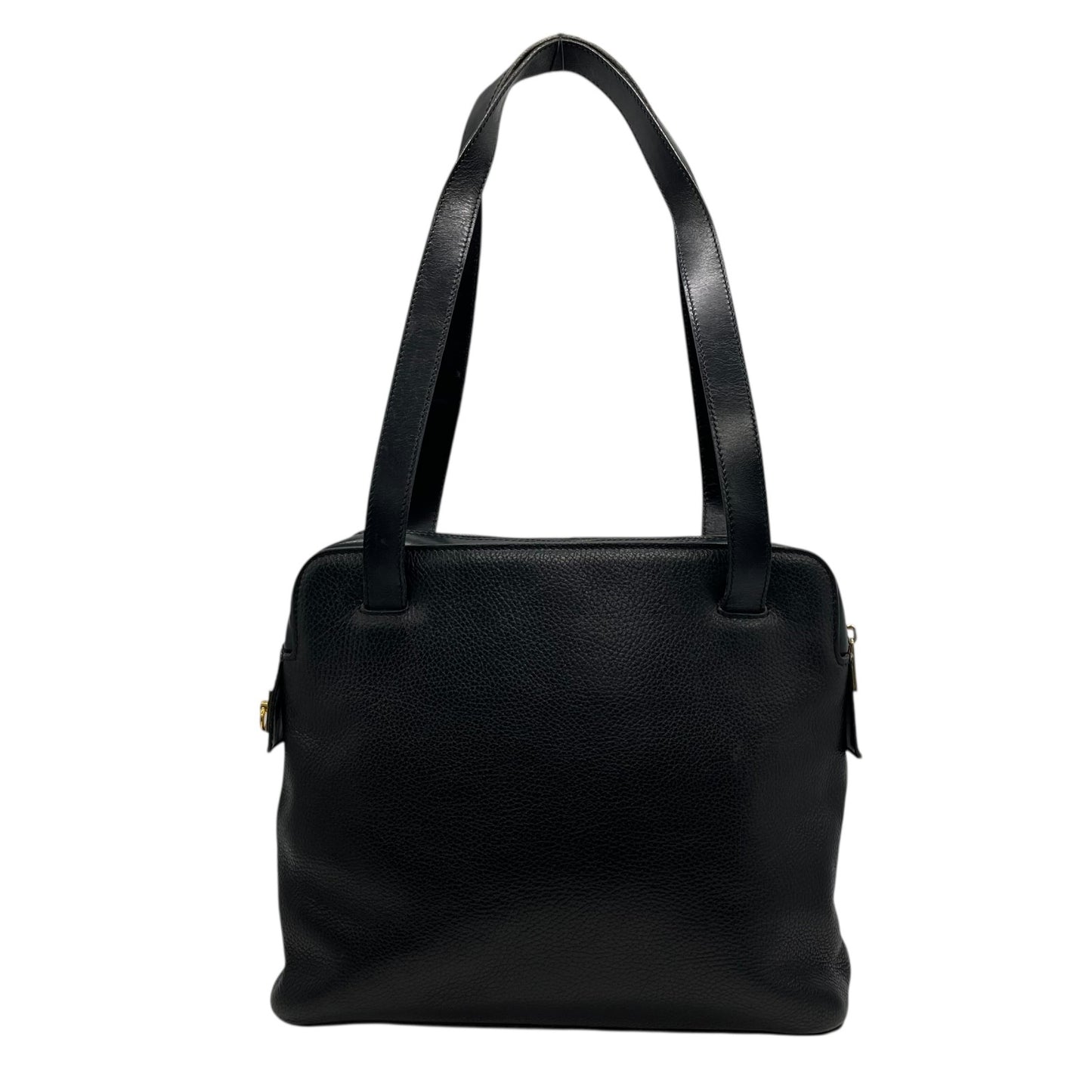 Authentic CELINE Vintage Grained Leather Shoulder Bag Black Gold Hardware Women's Zipper Closure