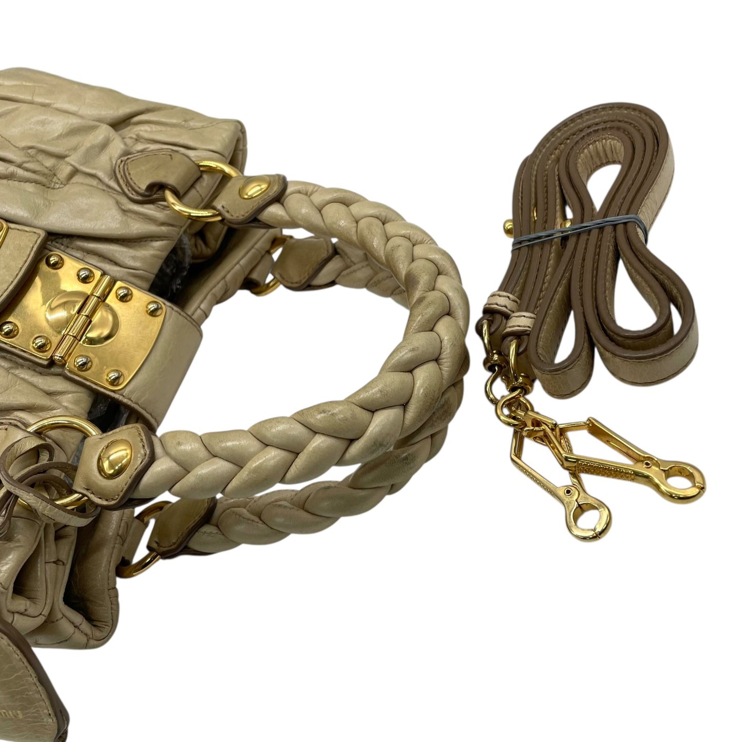 Authentic miumiu Matelassé 2WAY Handbag Shoulder Bag Leather Khaki Beige Gold Hardware Women's Crossbody