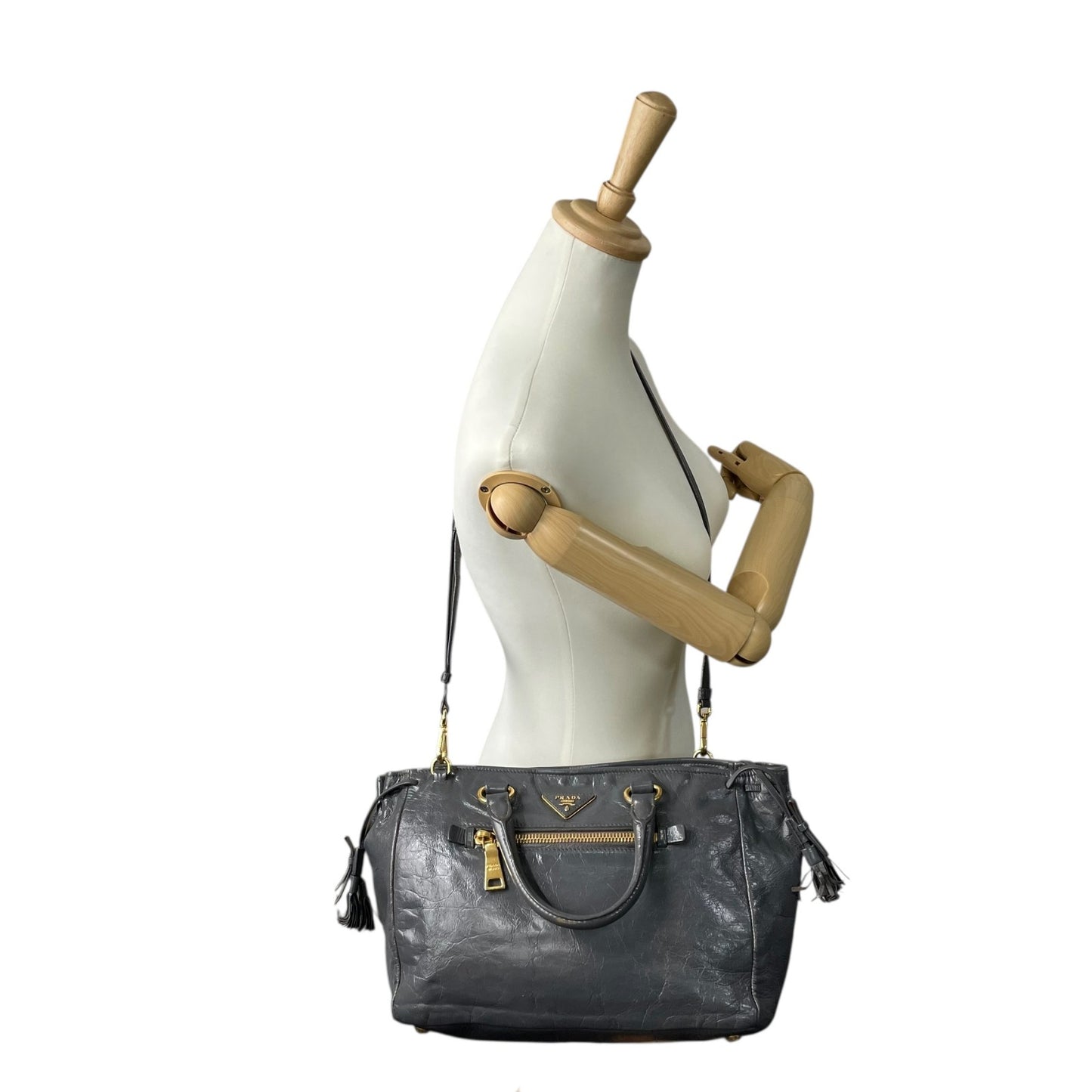 Authentic PRADA 2WAY Handbag Shoulder Bag Leather Gold Hardware Triangular Logo Dark Gray Women's Crossbody