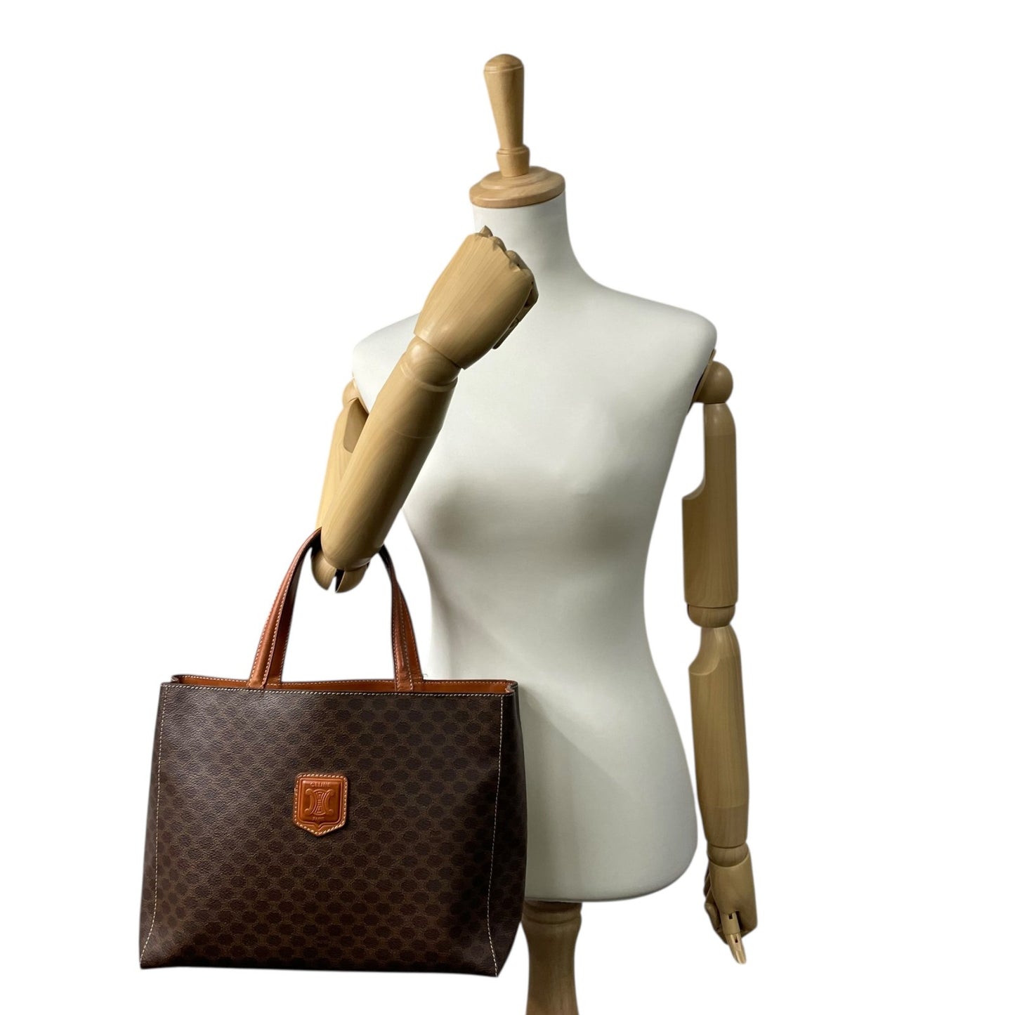 Authentic CELINE Vintage Macadam Handbag Brown PVC Leather Gold Hardware Tote Bag Women's