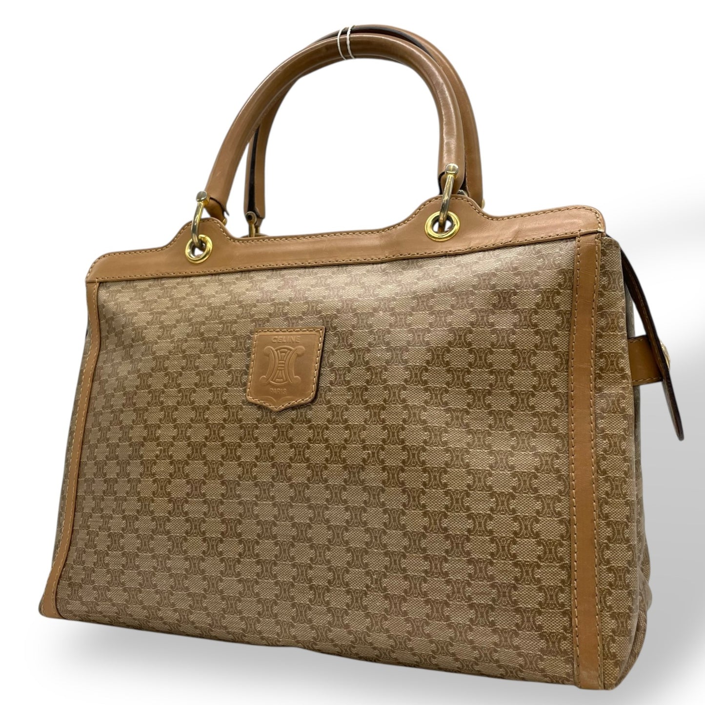 Authentic CELINE Vintage Macadam Handbag Leather PVC Beige Brown Gold Hardware Tote Bag Women's