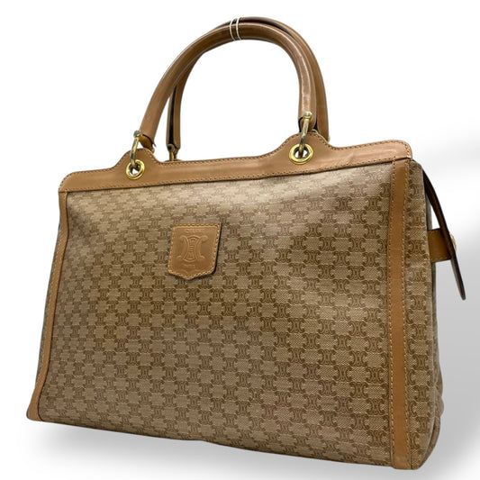 Authentic CELINE Vintage Macadam Handbag Leather PVC Beige Brown Gold Hardware Tote Bag Women's