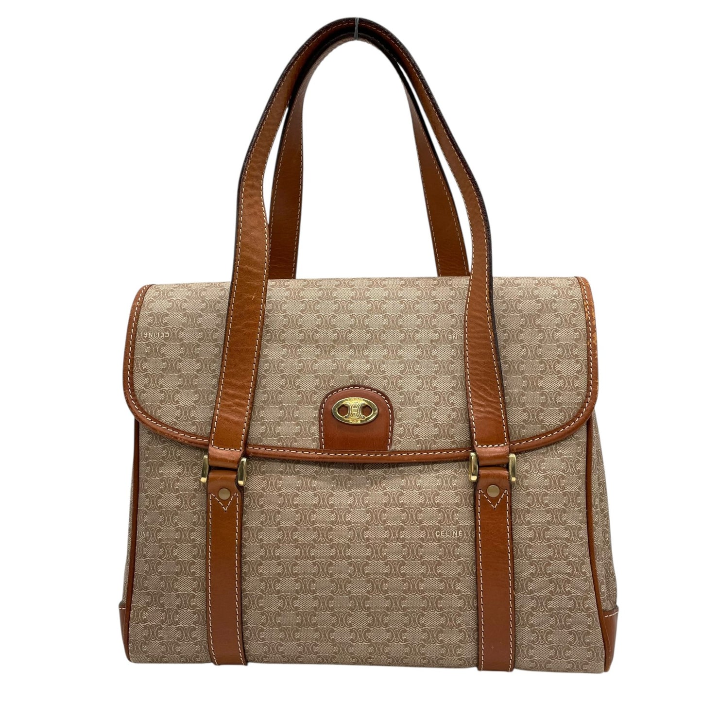 Authentic CELINE Macadam Handbag PVC Leather Vintage Beige Brown M06 Old Celine Gold Hardware Ladies