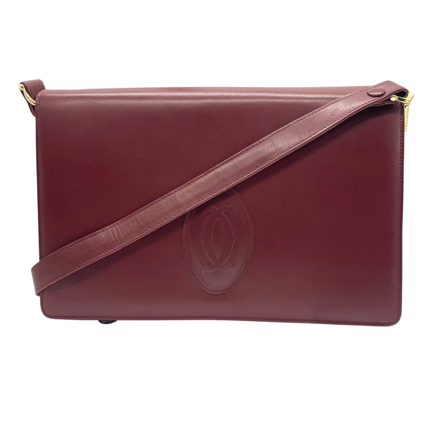 美品 Cartier カルティエ マストライン ショルダーバッグ レザー 赤 ボルドー ワインレッド フラップ開閉 ゴールド金具 肩掛け可 レディース 2Cモチーフ B5