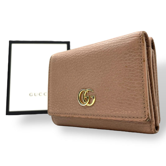 GUCCI グッチ GGマーモント 三つ折り財布 474746 ピンクベージュ レザー 本革 シボ革 ゴールド金具 レディース W2