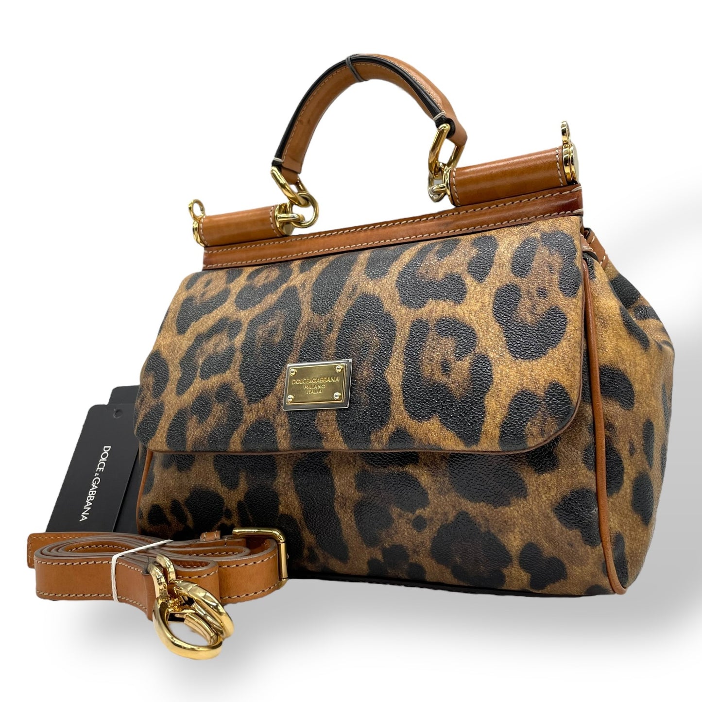 美品 DOLCE&GABBANA ドルチェ＆ガッパーナ シシリー 2WAY ハンドバッグ ショルダーバッグ ドルガバ レオパード ヒョウ柄 レザー PVC ブラウン 茶 ブラック 黒 レディース D&G ロゴプレート フラップ ゴールド金具 斜め掛け可 K4