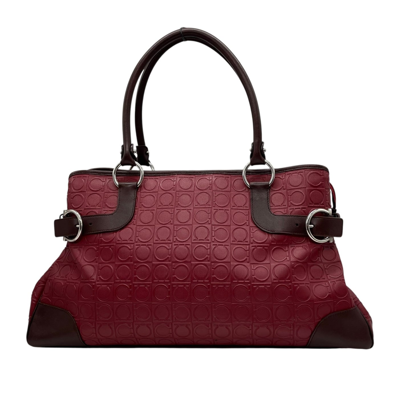 美品 フェラガモ Salvatore Ferragamo ガンチーニ ボルドー レザー ハンドバッグ トートバッグ 総柄 赤 レッド ブラウン シルバー金具 レディース D