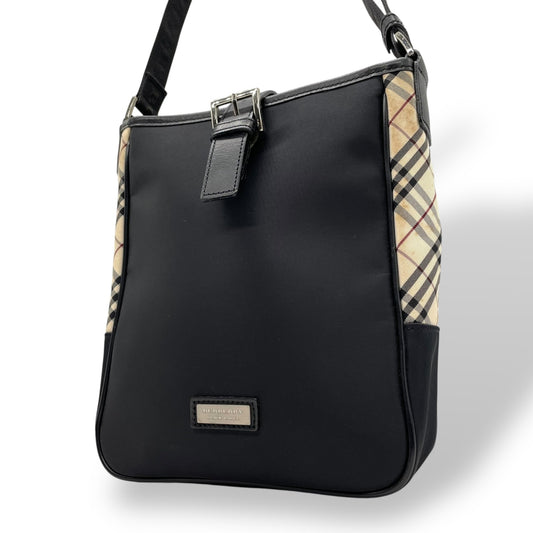 美品 BURBERRY BLACK LABEL バーバリー ショルダーバッグ ナイロン レザー ノバチェック ベージュ 黒 ブラック シルバー金具 斜め掛け メンズ レディース K11