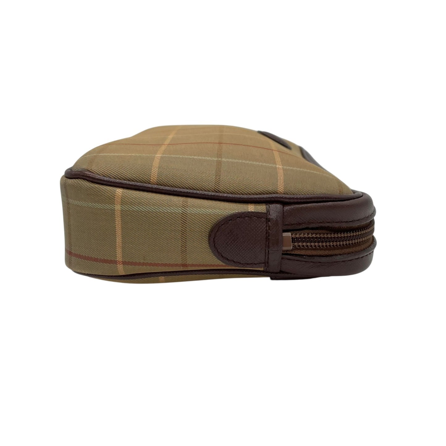 美品 Burberry バーバリー クラッチバッグ セカンドバッグ ポーチ カーキ ブラウン キャンバス レザー チェック ホースロゴ メンズ レディース ヴィンテージ S97