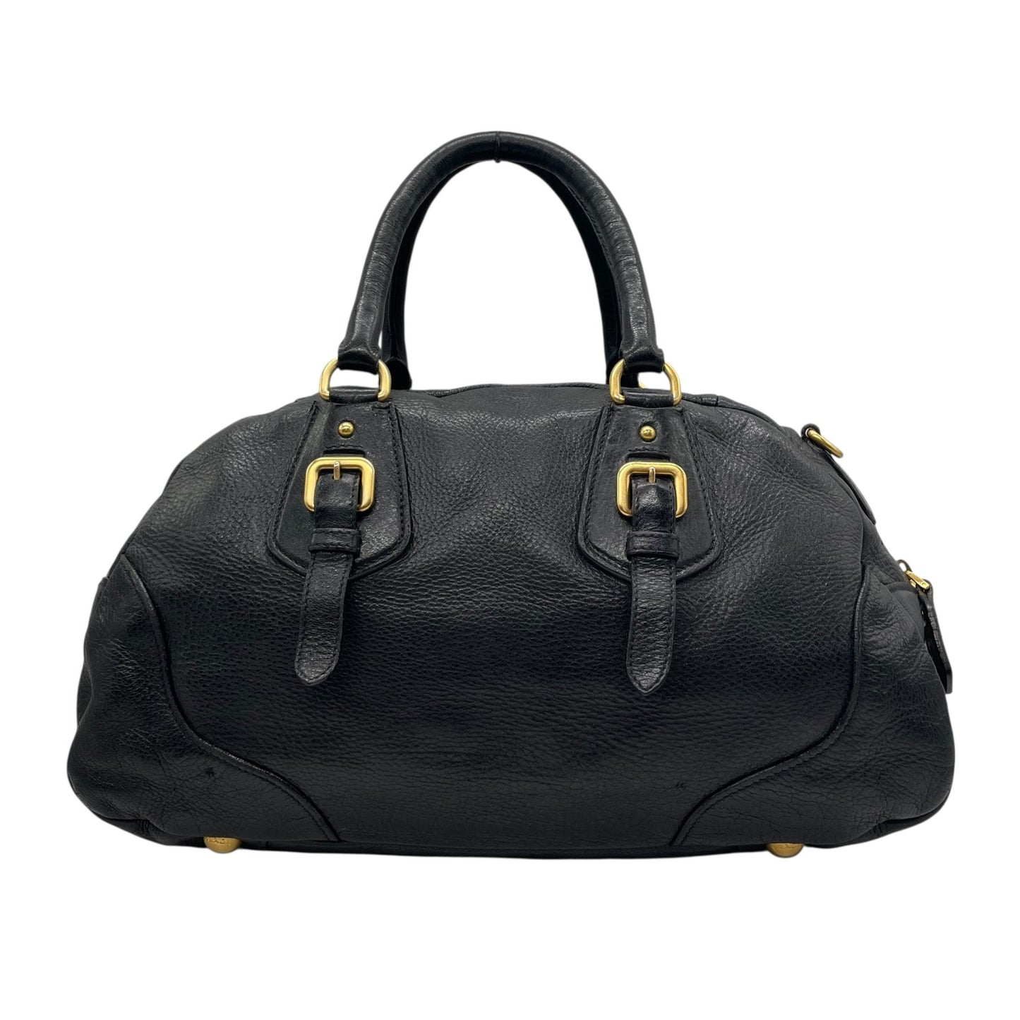 Authentic PRADA 2WAY Handbag Shoulder Black NERO Leather Gold Hardware Logo