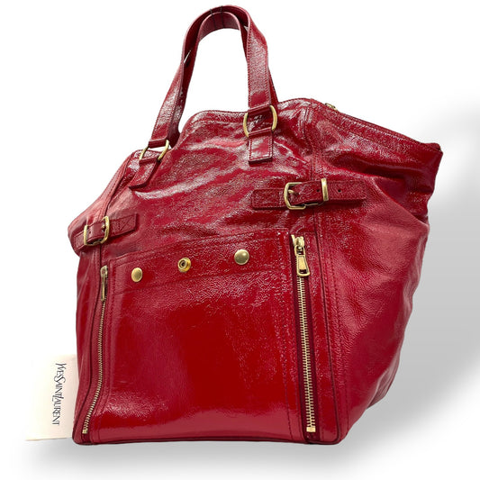 Authentic YVES SAINT LAURENT Downtown Patent Leather Red Enamel Vintage Tote Bag Large Capacity Women