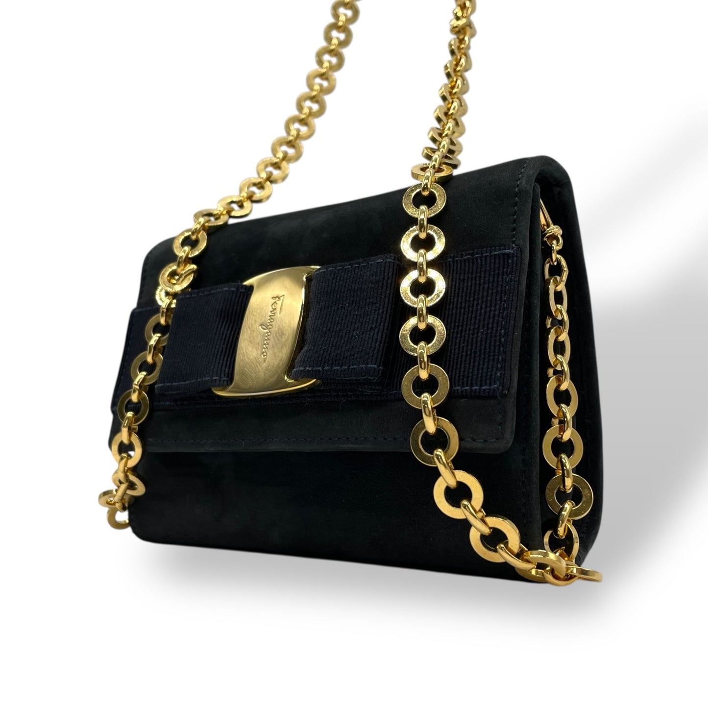 Salvatore Ferragamo フェラガモ ヴァラリボン チェーンショルダー ショルダーバッグ ミニバッグ ネイビー スエード ゴールド金具 レディース K10