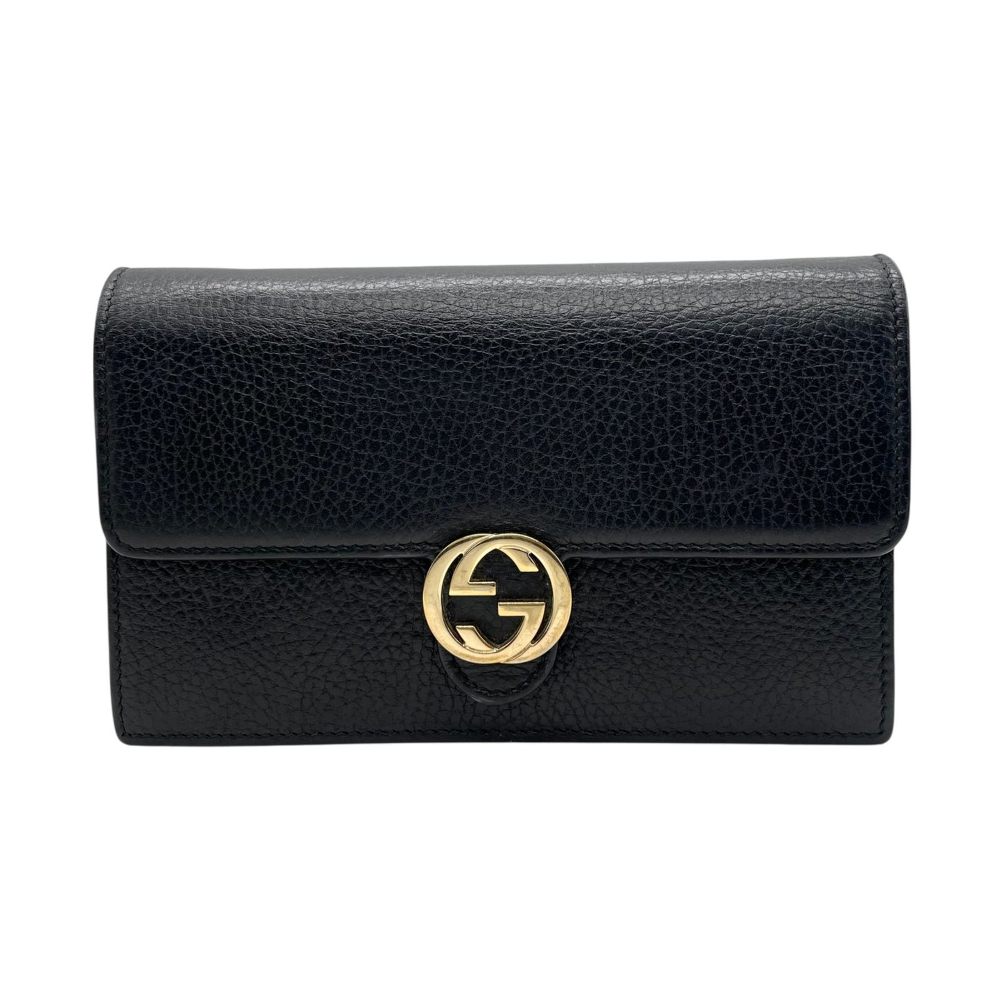 美品 GUCCI グッチ インターロッキングG ウォレットバッグ 510314 チェーンショルダー 長財布 ショルダーバッグ 黒 ブラック レザー ゴールド金具 GG 斜め掛け 箱付き レディース W1