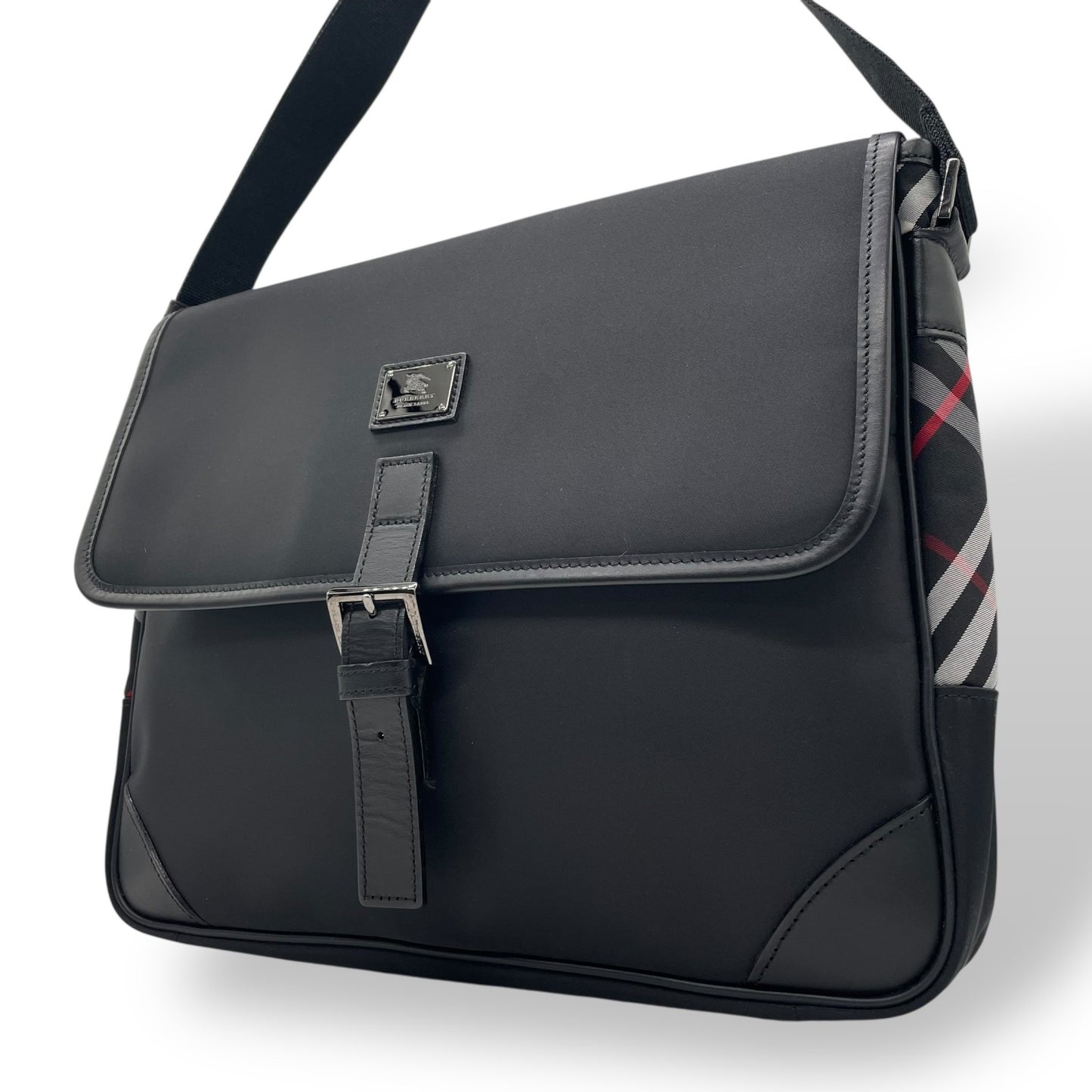 Authentic BURBERRY Black Label Nylon Leather Shoulder Messenger Bag Black Check Men