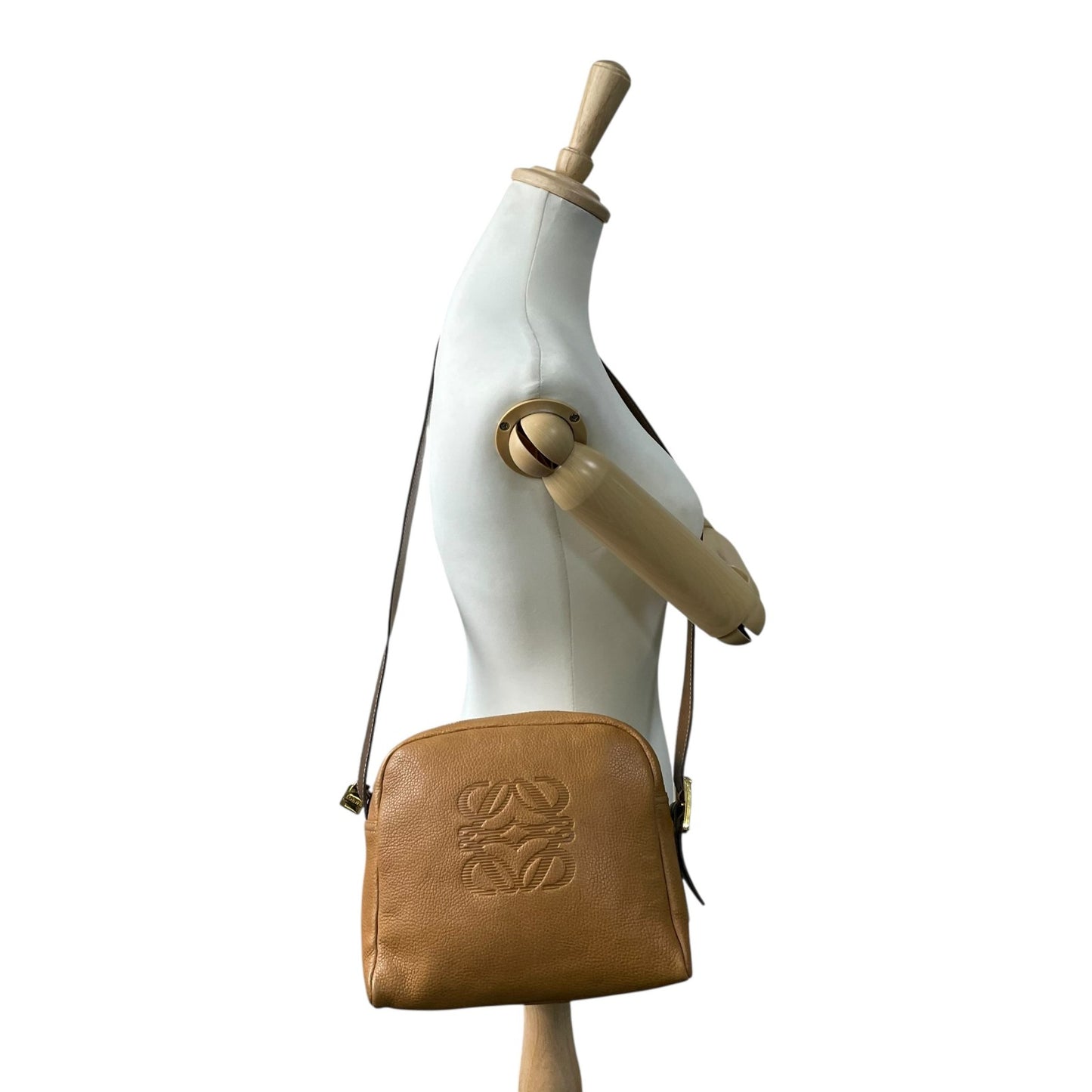 Authentic LOEWE Anagram Embossed Leather Shoulder Bag Camel Gold