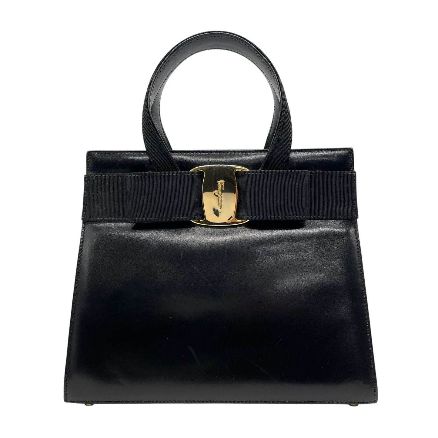 美品 サルヴァトーレ フェラガモ ハンドバッグ フォーマルバッグ ヴァラリボン 黒 ゴールド金具 自立 ブラック レザー 本革 ヴィンテージ B