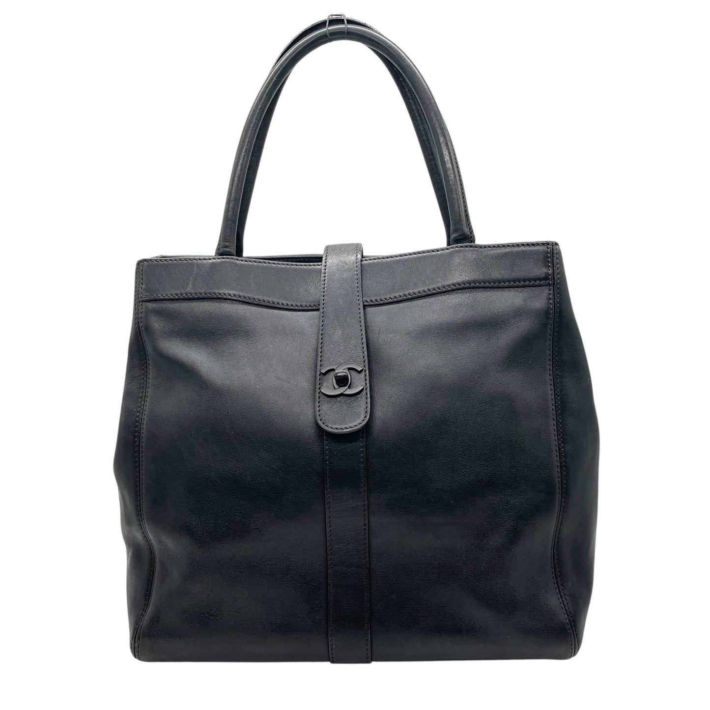 CHANEL シャネル トートバッグ ブラック 黒 カーフレザー 本革 ココマーク ターンロック ハンドバッグ 大容量 ヴィンテージ シール有 正規品 C