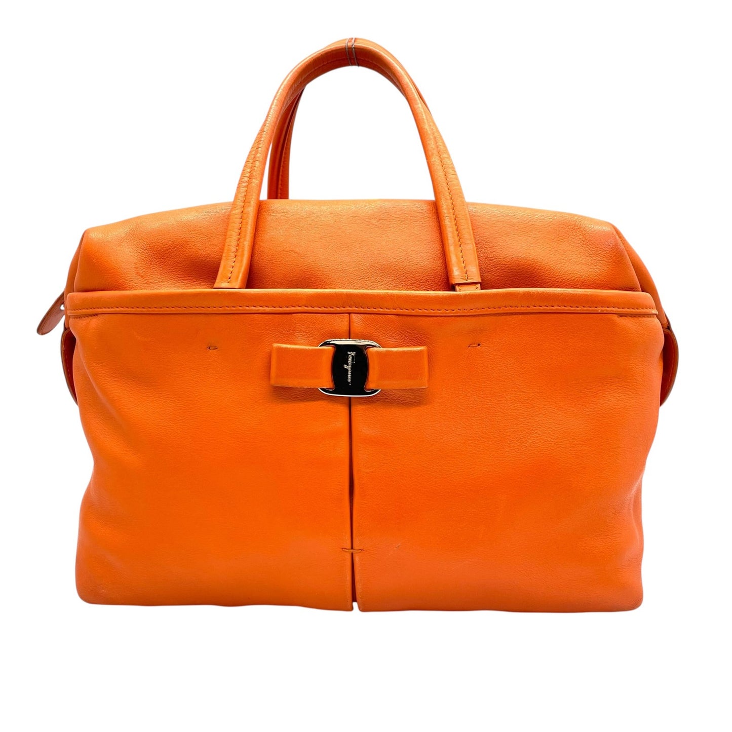 美品 Salvatore Ferragamo フェラガモ ヴァラリボン ハンドバッグ オレンジ レザー シルバー金具 レディース ヴィンテージ A