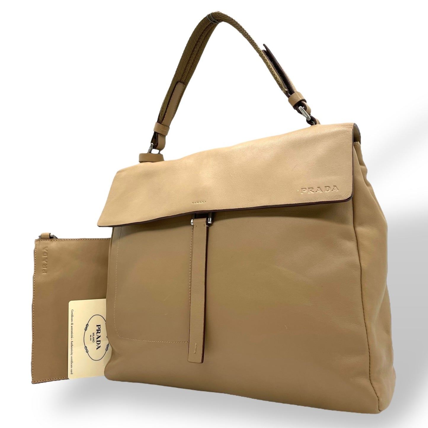 美品 PRADA プラダ ハンドバッグ ポーチ付き B10397 ベージュ レザー シルバー金具 ロゴ型押し 手提げ レディース ギャランティカード付き B4 00s archive