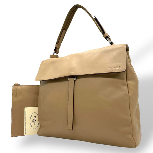 美品 PRADA プラダ ハンドバッグ ポーチ付き B10397 ベージュ レザー シルバー金具 ロゴ型押し 手提げ レディース ギャランティカード付き B4 00s archive