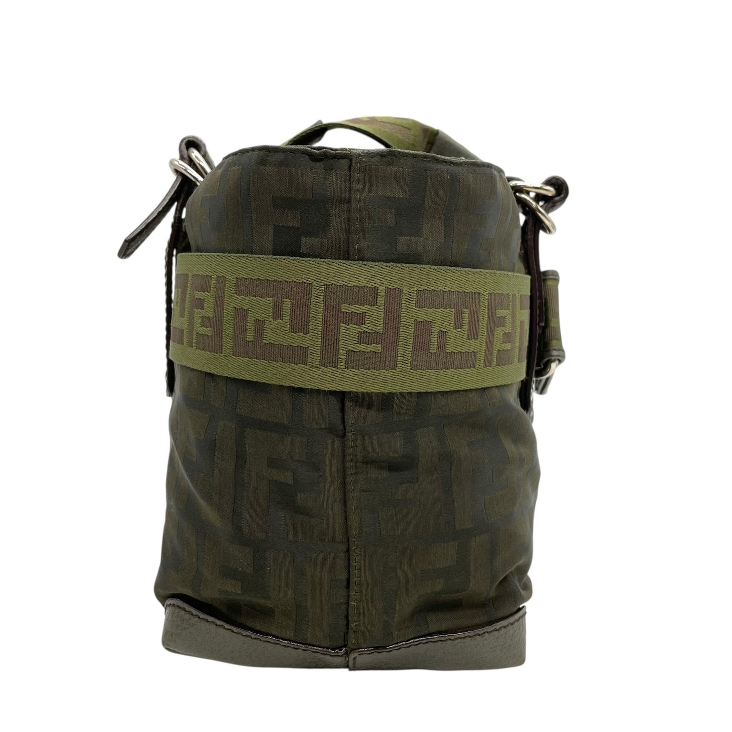 美品 FENDI フェンディ ズッカ柄 ナイロントート バッグ カーキ グリーン FF柄 ベルトデザイン シルバー金具 8BH143 ハンドバッグ レディース B1