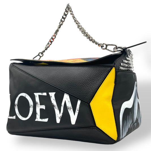 限定品 希少 極美品 LOEWE ロエベ パズルバッグ ラージ ミニボストン スタッズ アナグラム ロゴ チェーン ブラック 黒 マルチカラー メンズ レディース D