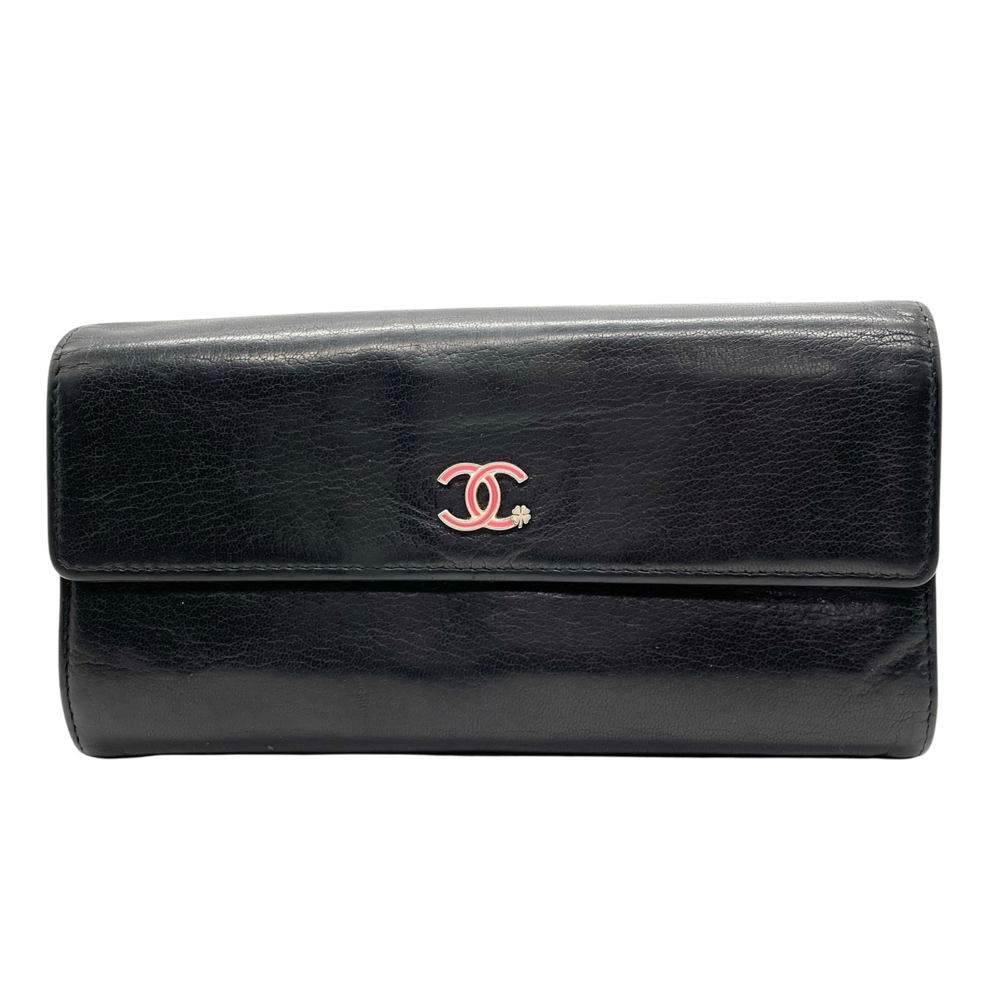 CHANEL シャネル ココマーク ラッキーフラワー クローバー 二つ折り 長財布 レザー 黒 ブラック フラワープリント レディース ヴィンテージ W5