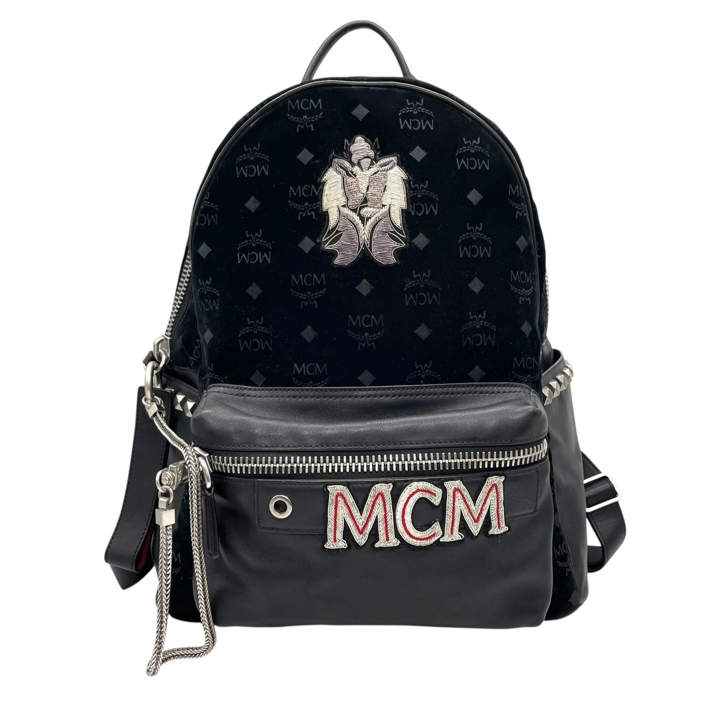極美品 MCM エムシーエム バックパック リュック モノグラム ヴィセトス エンブレム刺繍 スタッズ付き レザー×ベルベット ブラック 黒 A
