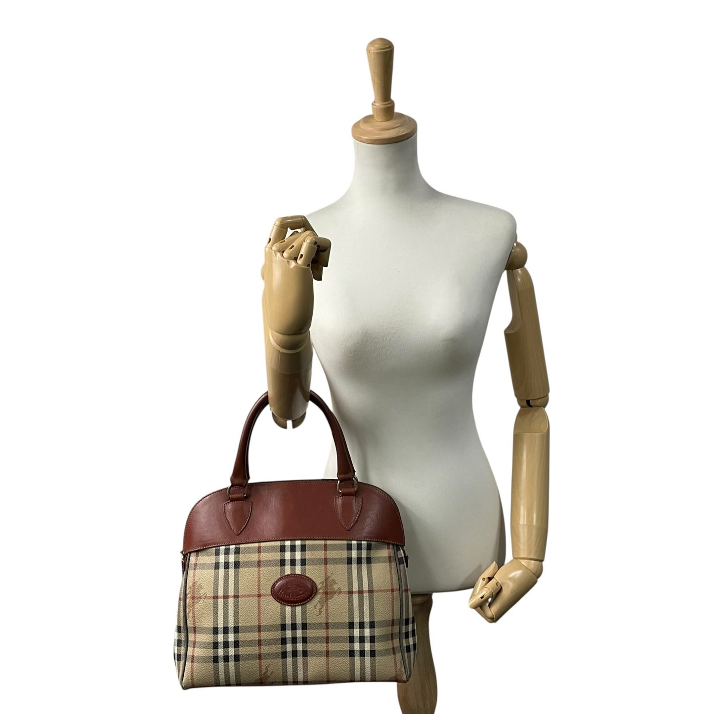 BURBERRY バーバリー ノバチェック シャドーホース ハンドバッグ 茶 ブラウン ベージュ PVC レザー ゴールド金具 手提げ ヴィンテージ レディース A1