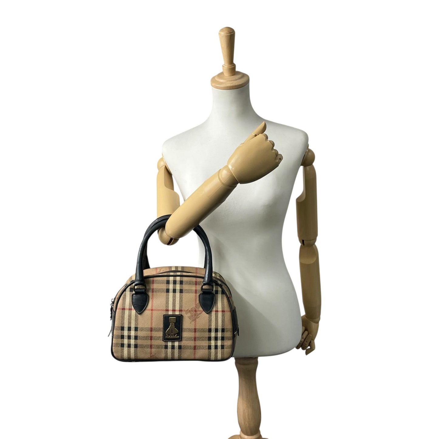 BURBERRY バーバリー ミニボストンバッグ ハンドバッグ ノバチェック シャドーホース シェルター ベージュ 黒 ブラック ゴールド金具 PVC レザー ファスナー開閉 手提げ ヴィンテージ レディース K6