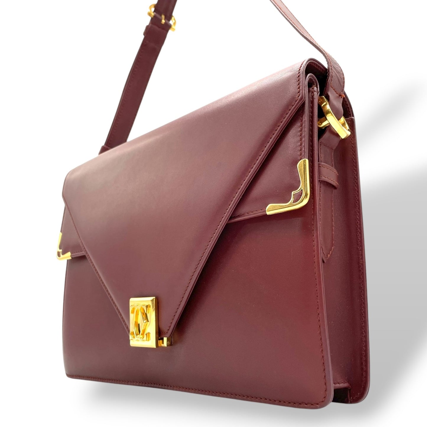 未使用級 カルティエ Cartier レザー ショルダーバッグ マストライン ボルドー ｗフラップ　ダブルフラップ ゴールド金具 ヴィンテージ フラップバッグ K11