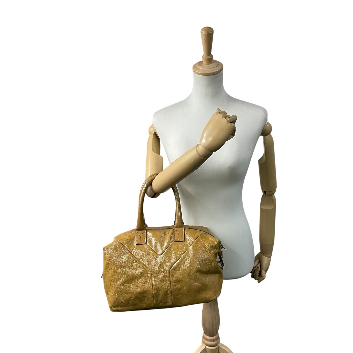 イヴサンローラン YSL ボストンバッグ Yライン パテントレザー ハンドバッグ キャメル ゴールド金具 ロゴ刻印 A2