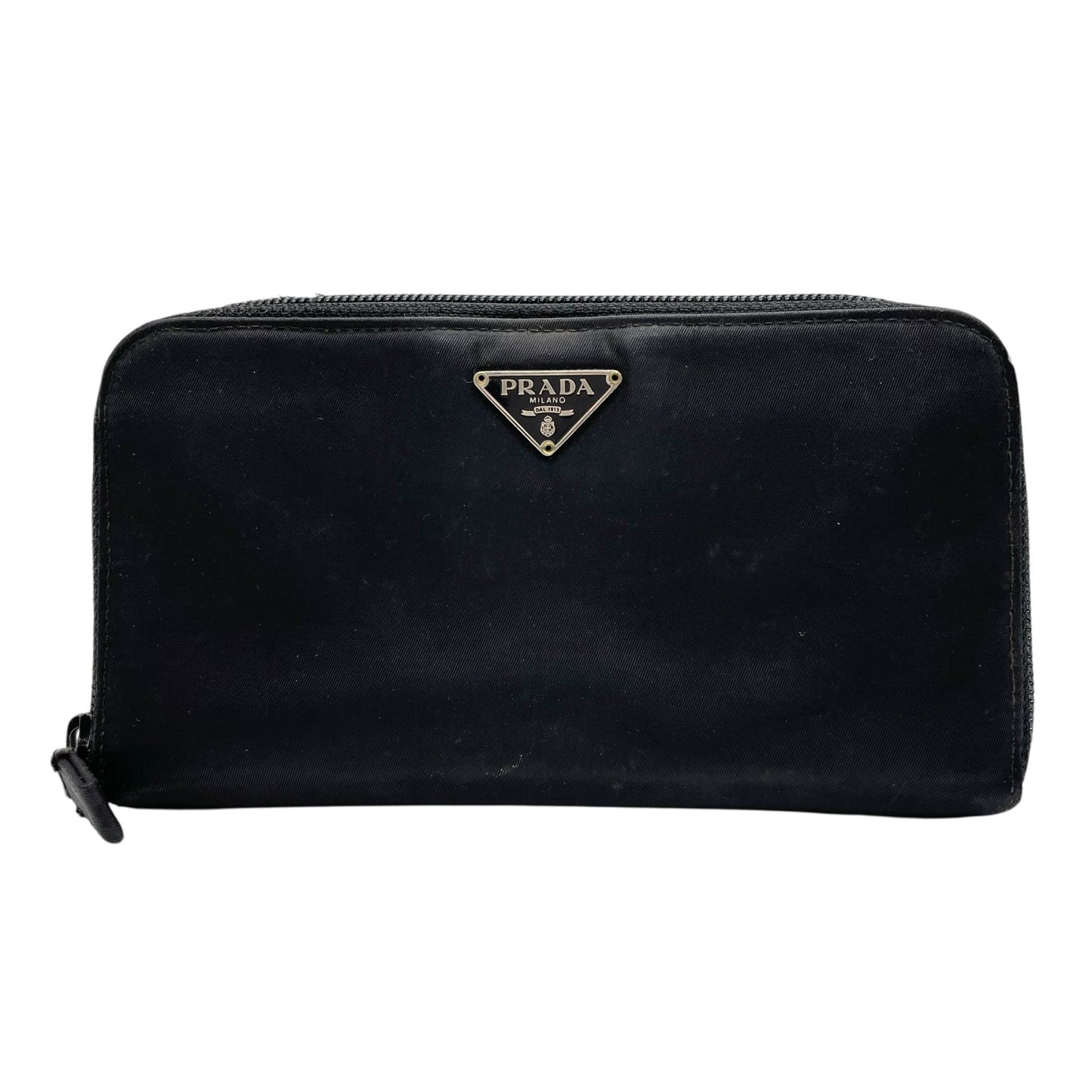 プラダ PRADA 長財布 ブラック 黒 NERO ナイロン レザー ラウンドファスナー 三角ロゴプレート トライアングルロゴ シルバー金具 メンズ レディース M1