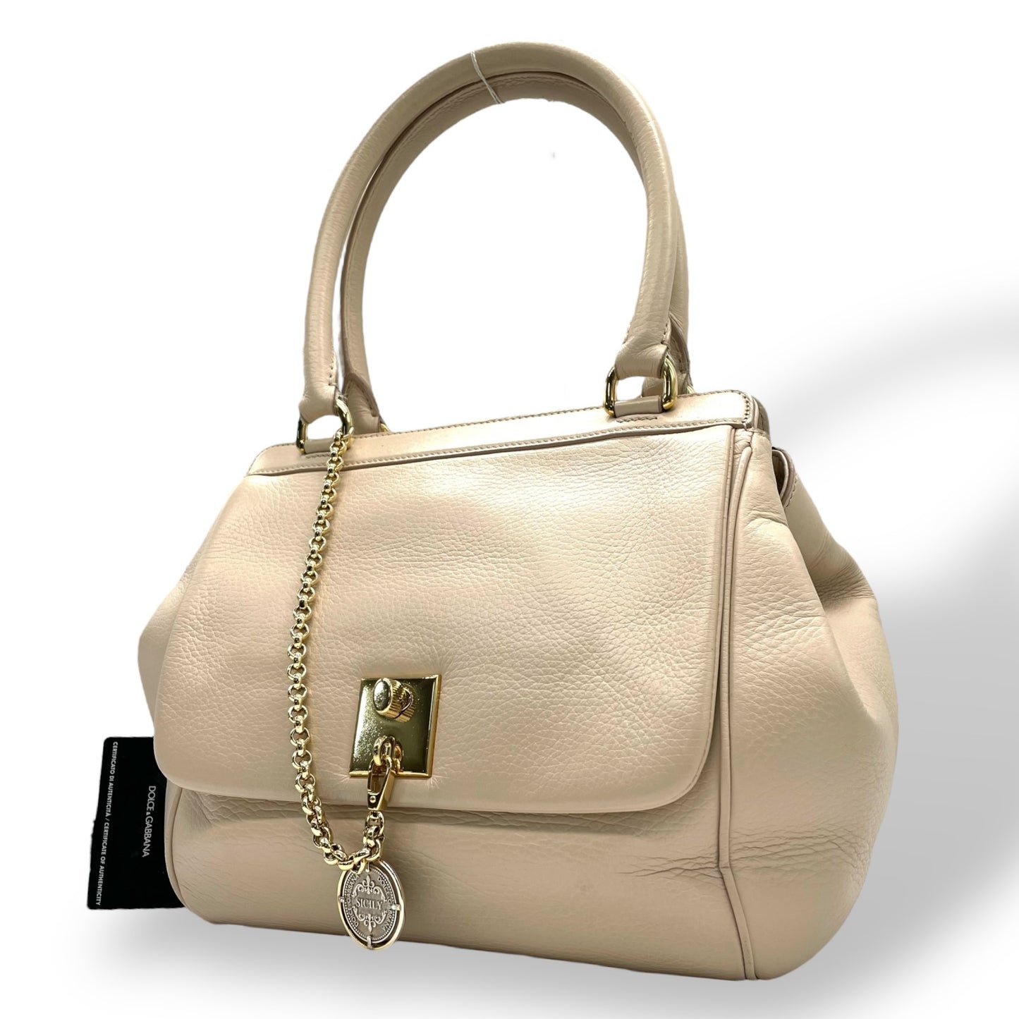 ドルチェ＆ガッバーナ Dolce&Gabbana ハンドバッグ SICILY シシリー ピンクベージュ レザー 肩掛け可 ゴールド金具 メダルタグ D&G ドルガバ ギャランティカード付き レディース D