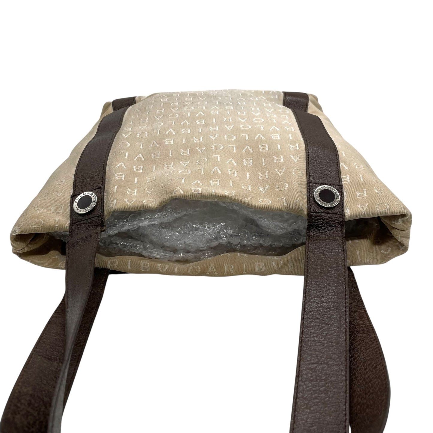 ブルガリ BVLGARI トートバッグ ハンドバッグ 肩掛け ロゴマニア ベージュ ブラウン 茶色 キャンバス レザー A40収納可 S80