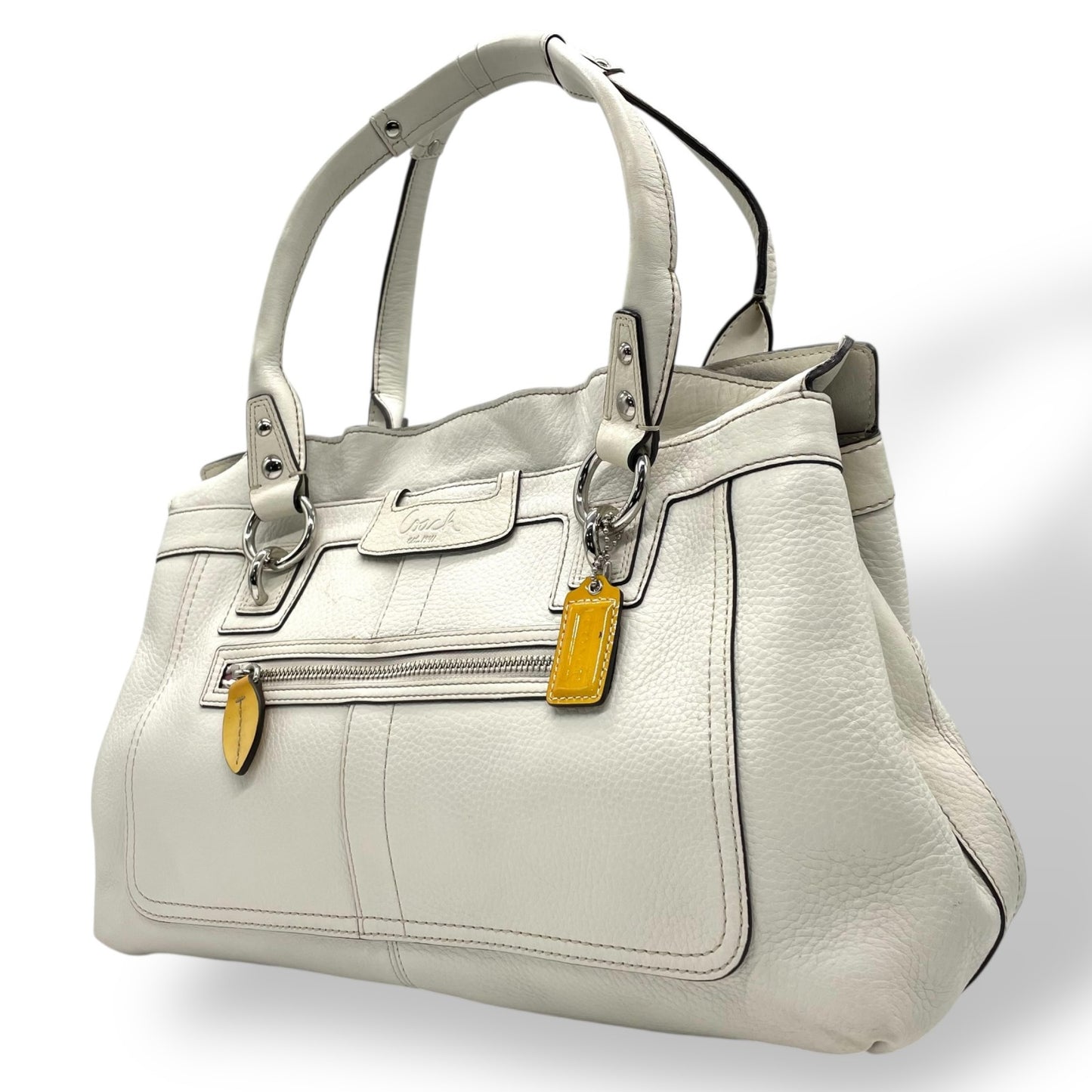 コーチ COACH トートバッグ 13160 ホワイト 白 レザー シルバー金具 ブラウン 茶色 チャーム付き A4対応 通勤 通学 S93