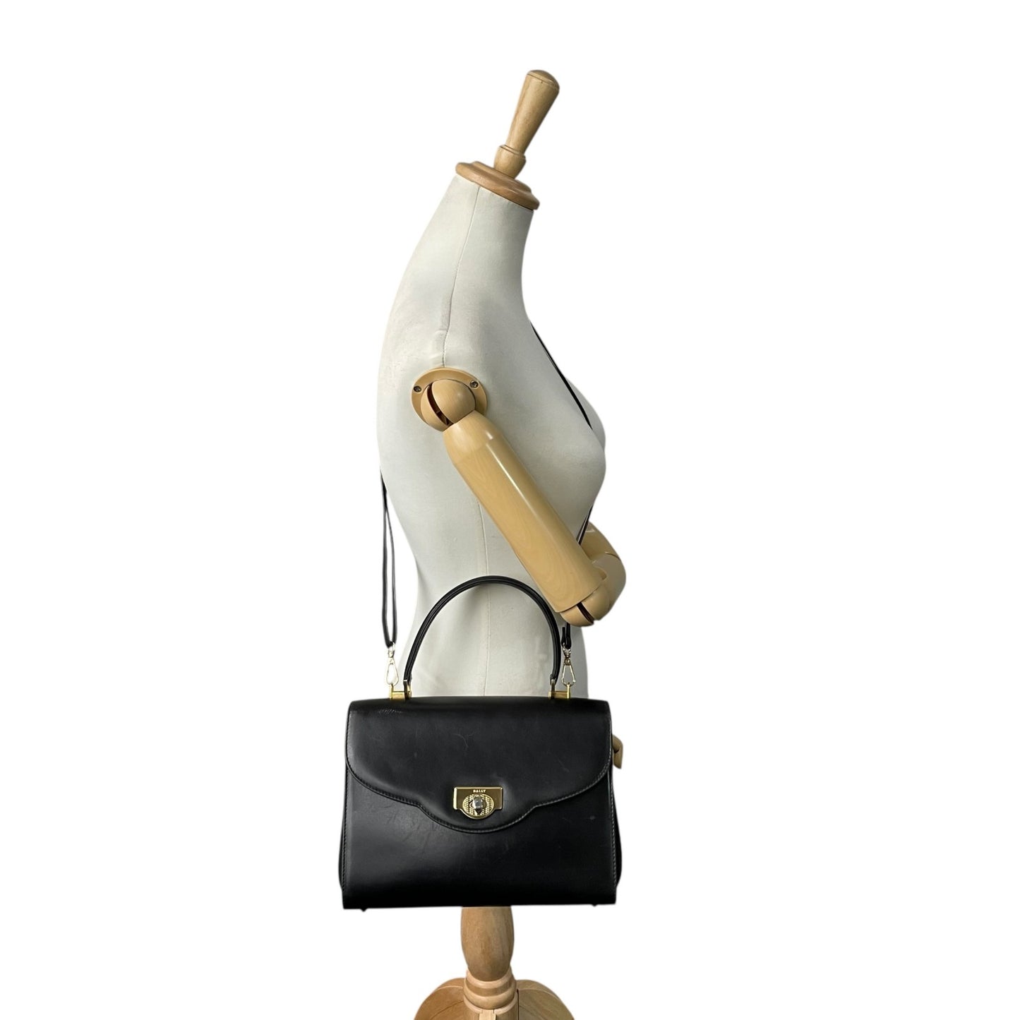 バリー BALLY 2WAY ハンドバッグ ショルダーバッグ フォーマル 黒 ブラック レザー ゴールド金具 ターンロック トップハンドル 斜め掛け可 レディース K1