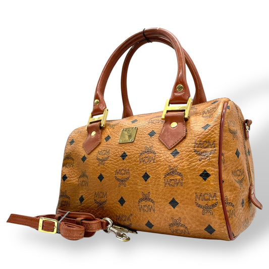 MCM エムシーエム ヴィセトス ボストンバッグ ミニボストン ハンドバッグ ショルダー付き ブラウン 茶色 レザー 2WAY ゴールド金具 ヴィンテージ D1