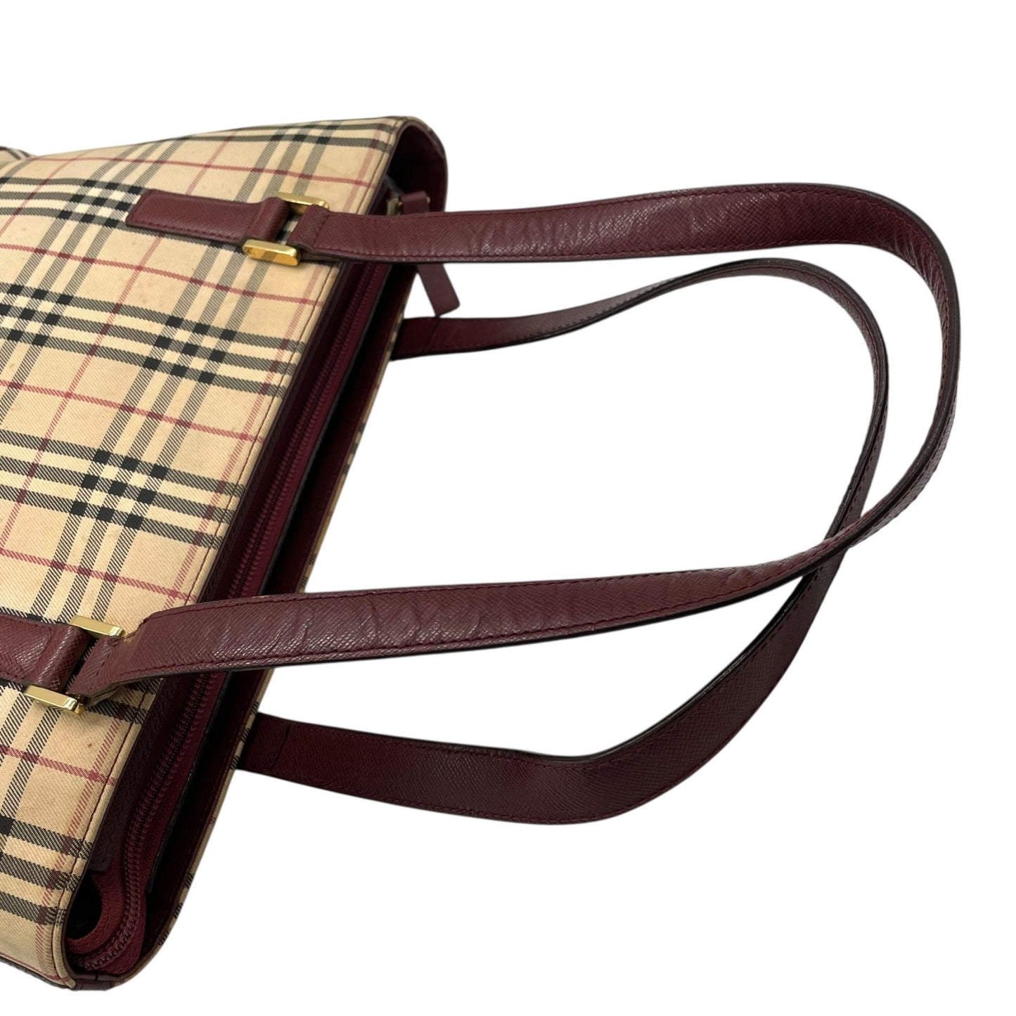 バーバリー BURBERRY ノバチェック ハンドバッグ トートバッグ ベージュ 赤 ボルドー チェック柄 キャンバス レザー ゴールド金具 ロゴ型押し ファスナー開閉 レディース D5