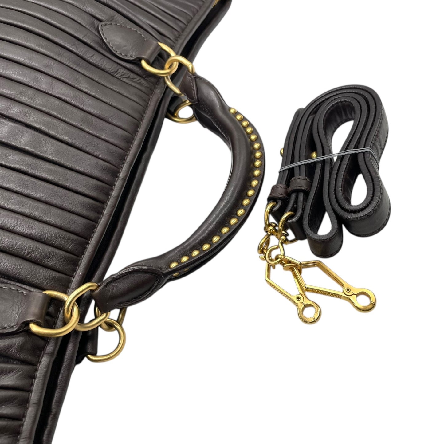 【美品】miumiu ミュウミュウ 2WAY トートバッグ ハンドバッグ ショルダーバッグ ギャザー プリーツ レザー スタッズ ダークブラウン ゴールド金具 斜め掛け可 レディース C