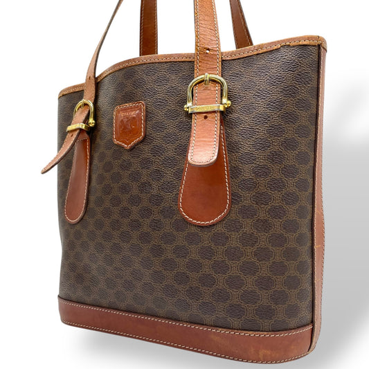 CELINE セリーヌ ヴィンテージ マカダム トートバッグ PVC レザー ブラウン トリオンフ 金具 90s イタリア製 ショルダー可 オールドセリーヌ K9