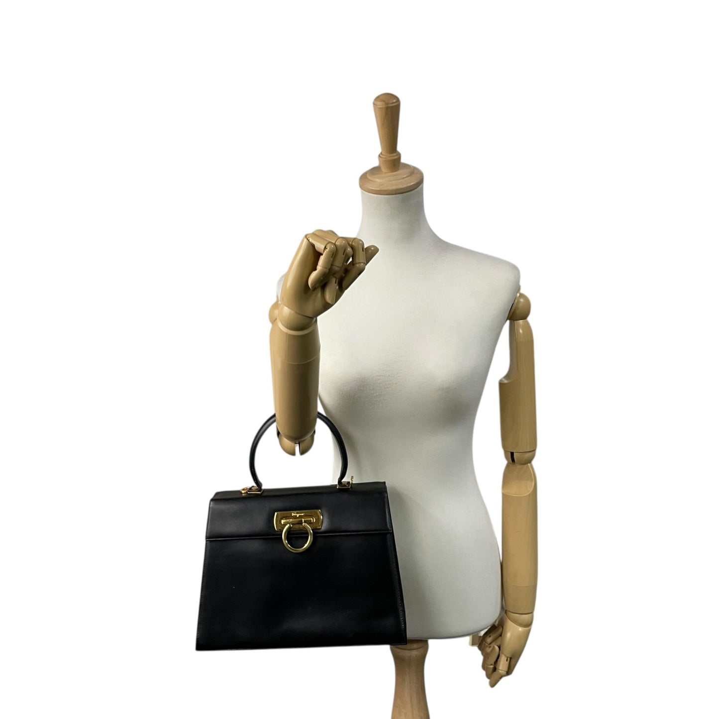 Salvatore Ferragamo フェラガモ ガンチーニ ハンドバッグ カーフレザー ブラック ゴールド金具 ヴィンテージ フォーマル A