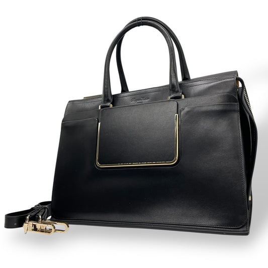 Authentic Roger Vivier Handbag Tote Shoulder Bag 2WAY Black Leather Gold Hardware Adjustable Strap Women's