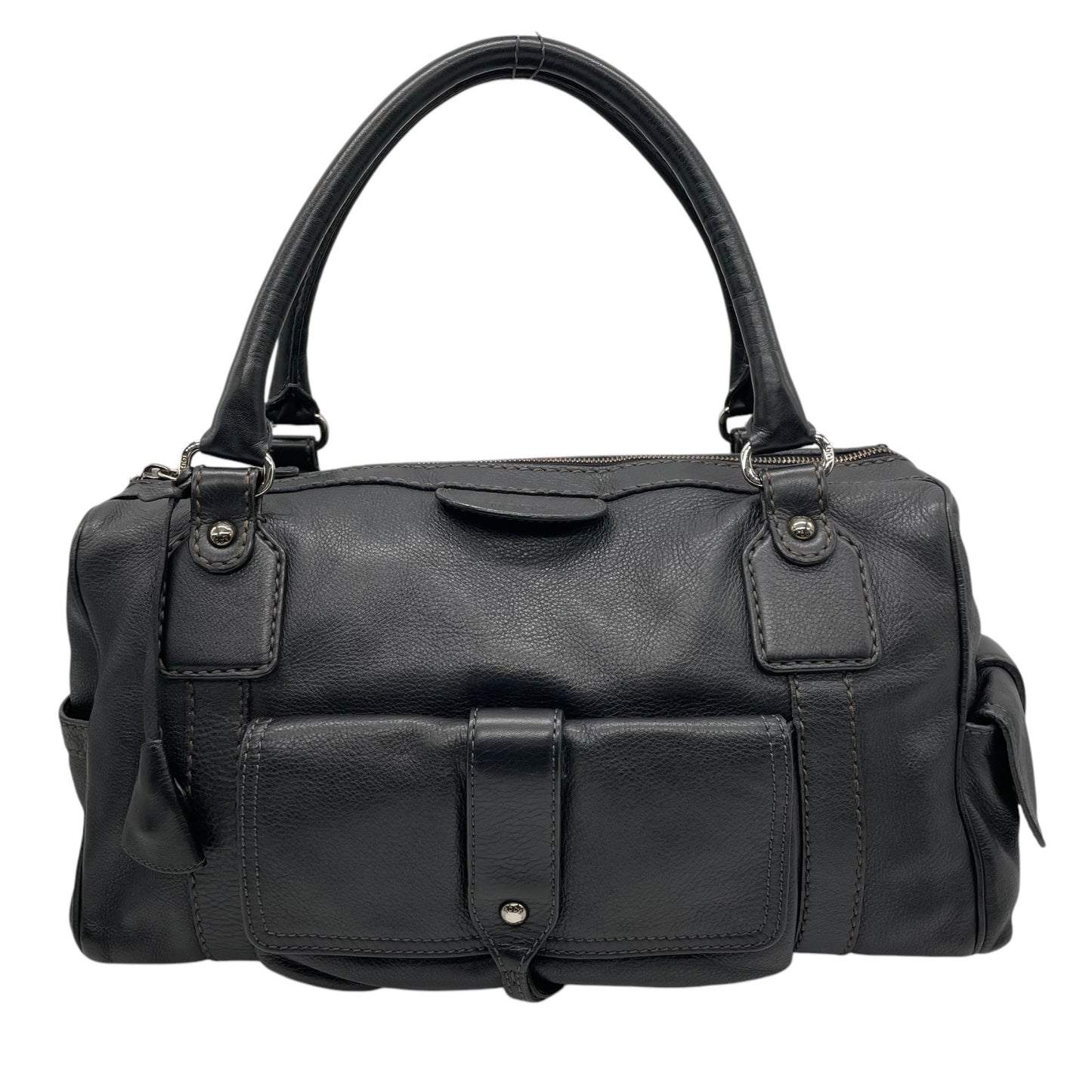 Authentic TOD'S Boston Handbag Leather Black Silver Hardware Padlock Women's