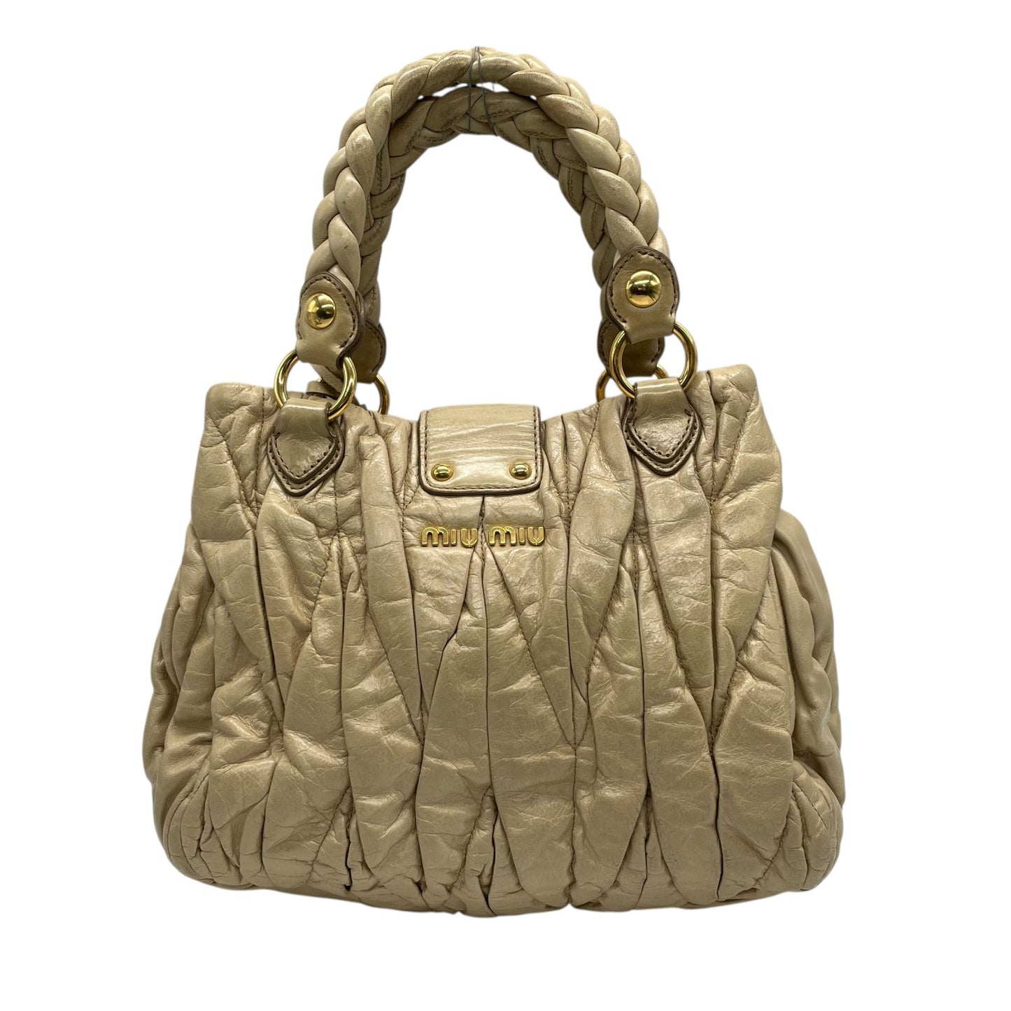 Authentic miumiu Matelassé 2WAY Handbag Shoulder Bag Leather Khaki Beige Gold Hardware Women's Crossbody