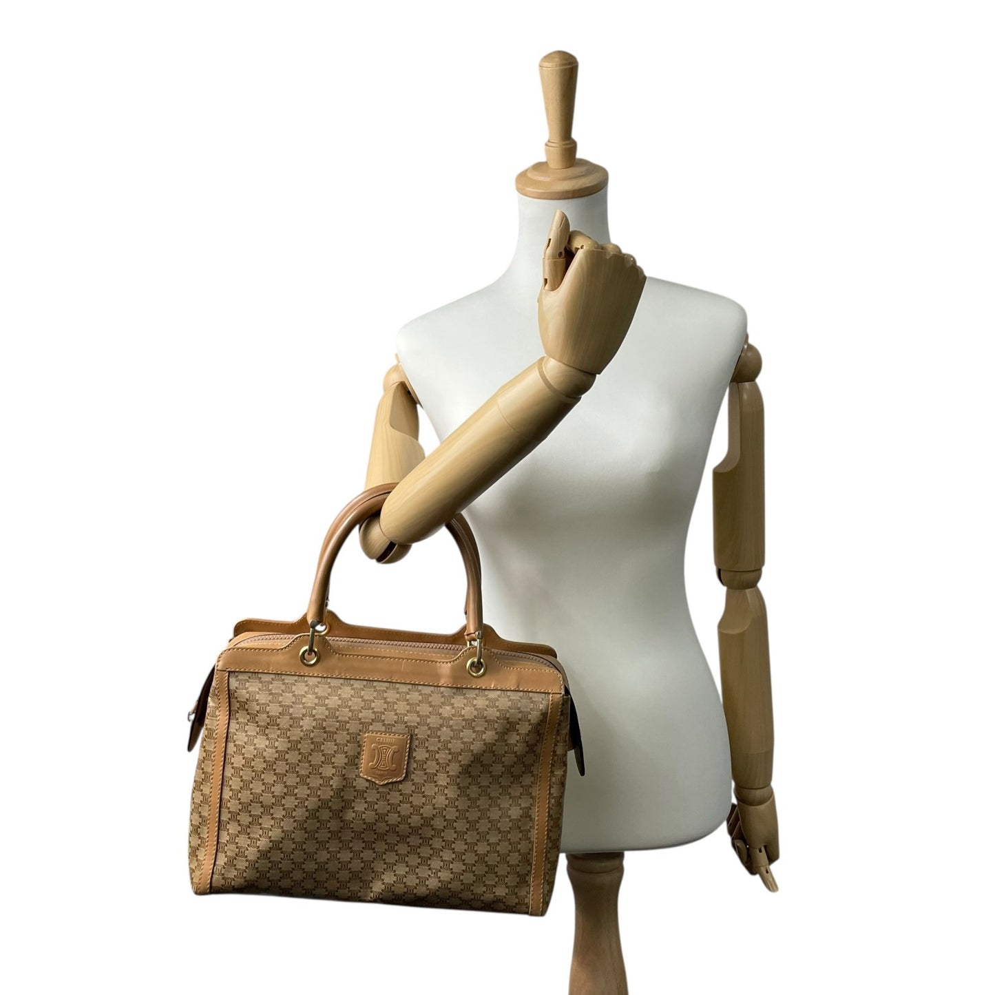 Authentic CELINE Vintage Macadam Handbag Leather PVC Beige Brown Gold Hardware Tote Bag Women's