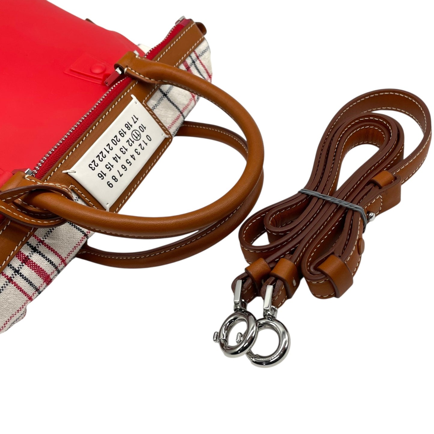 Excellent Authentic Maison Margiela 5AC 2WAY Handbag Mini Bag Red Leather Canvas Checkered SB3WG0009 Crossbody Padlock