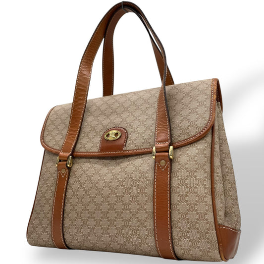 Authentic CELINE Macadam Handbag PVC Leather Vintage Beige Brown M06 Old Celine Gold Hardware Ladies